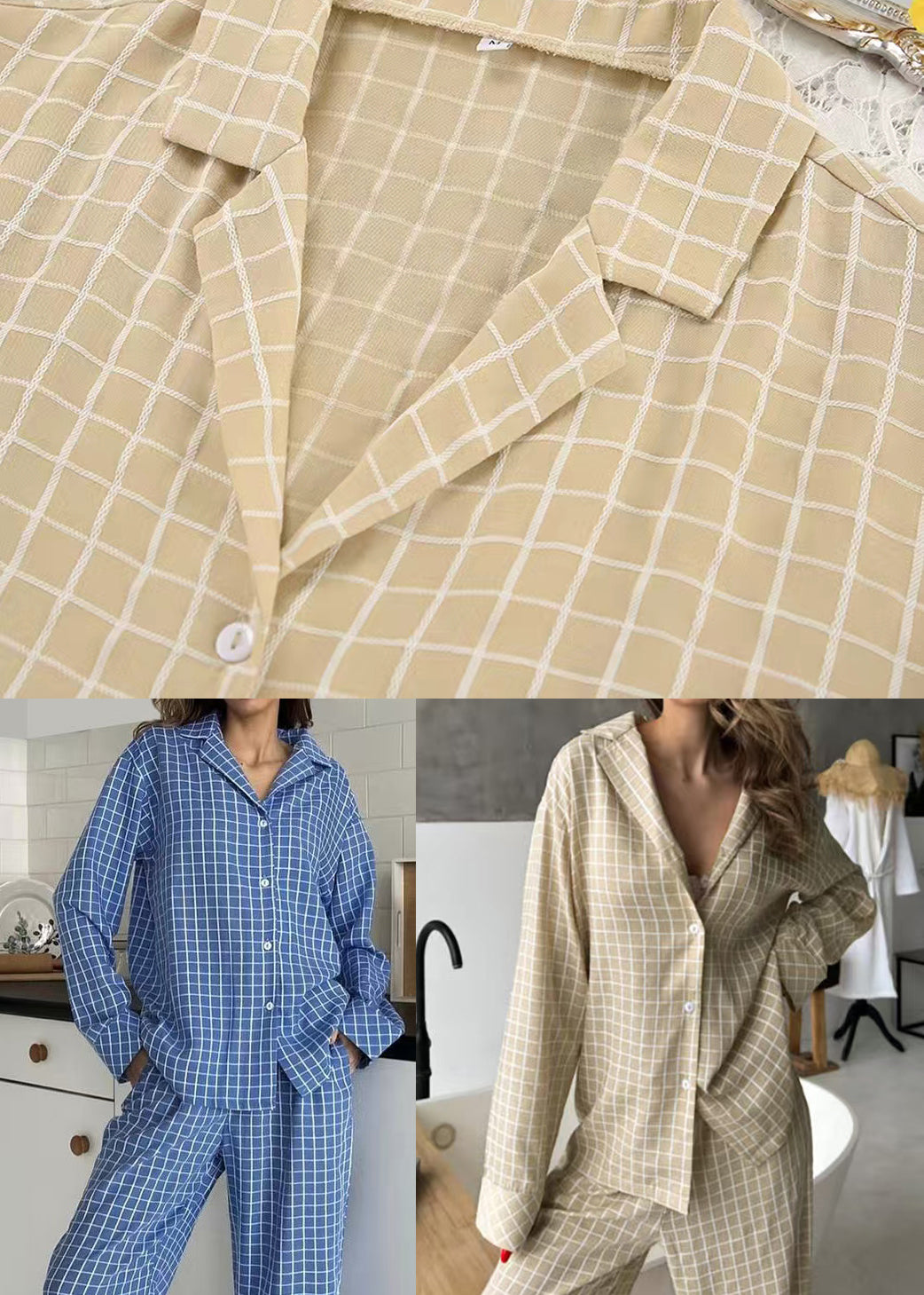 Sets Fall Pajama Classy Cotton Oversized Plaid Khaki