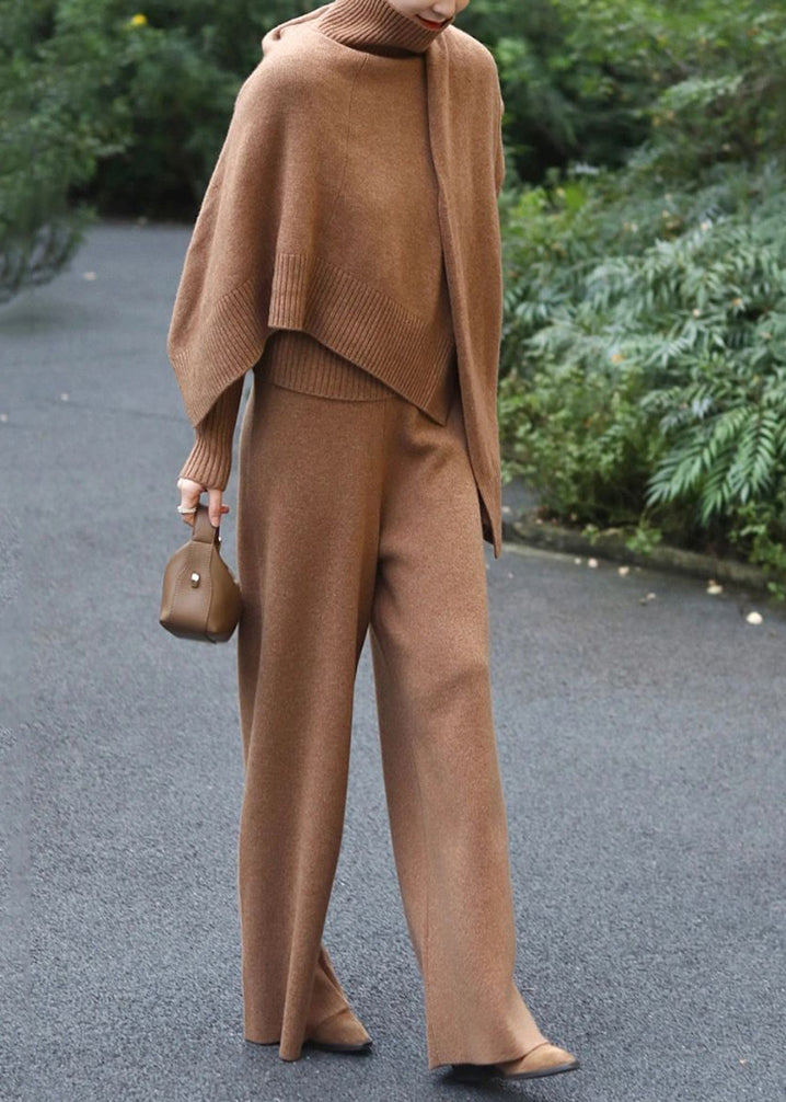 Ensemble deux pièces en tricot kaki élégant, pull et pantalon, automne WN035
