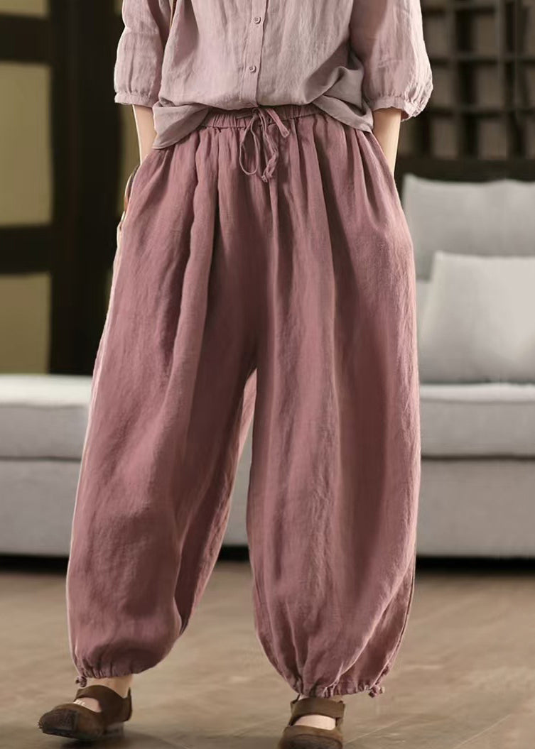 Pantalon élastique à poches en lin d'été, taille élégante