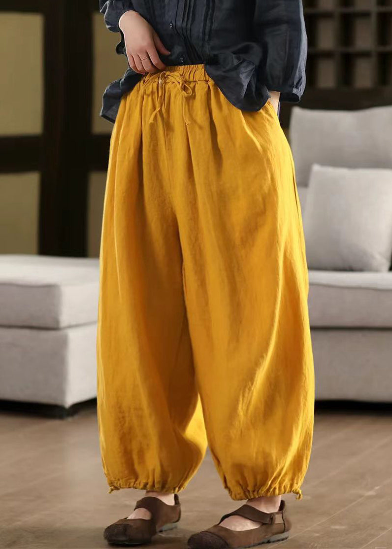 Pantalon élastique à poches en lin d'été, taille élégante