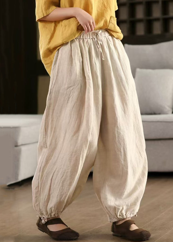Pantalon élastique à poches en lin d'été, taille élégante