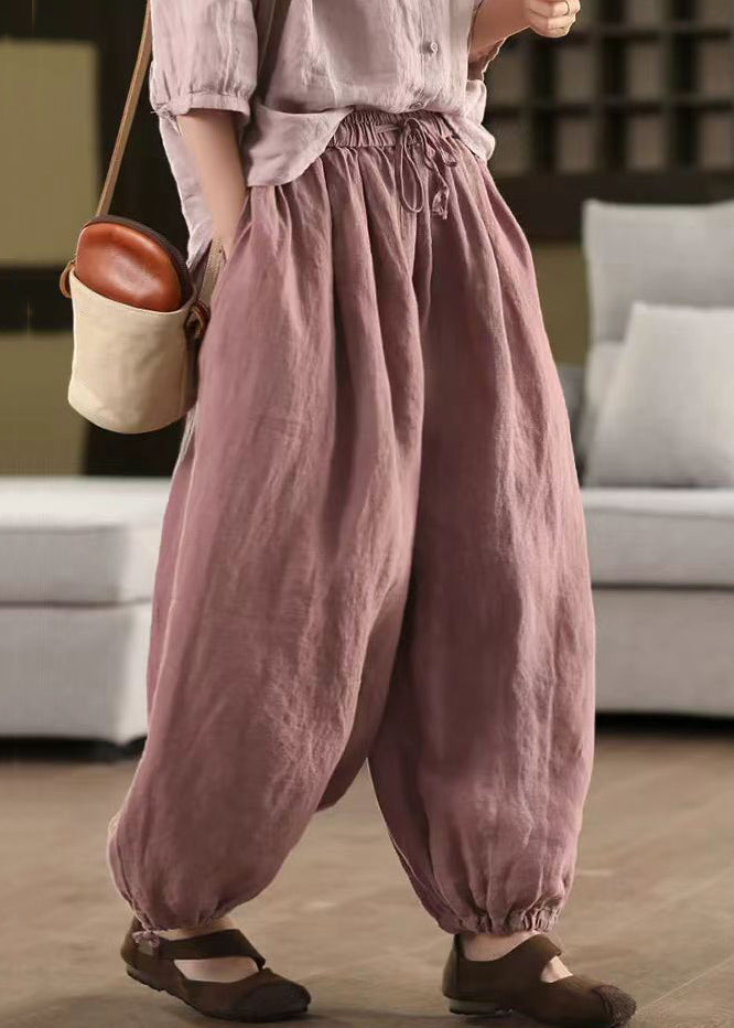 Pantalon élastique à poches en lin d'été, taille élégante
