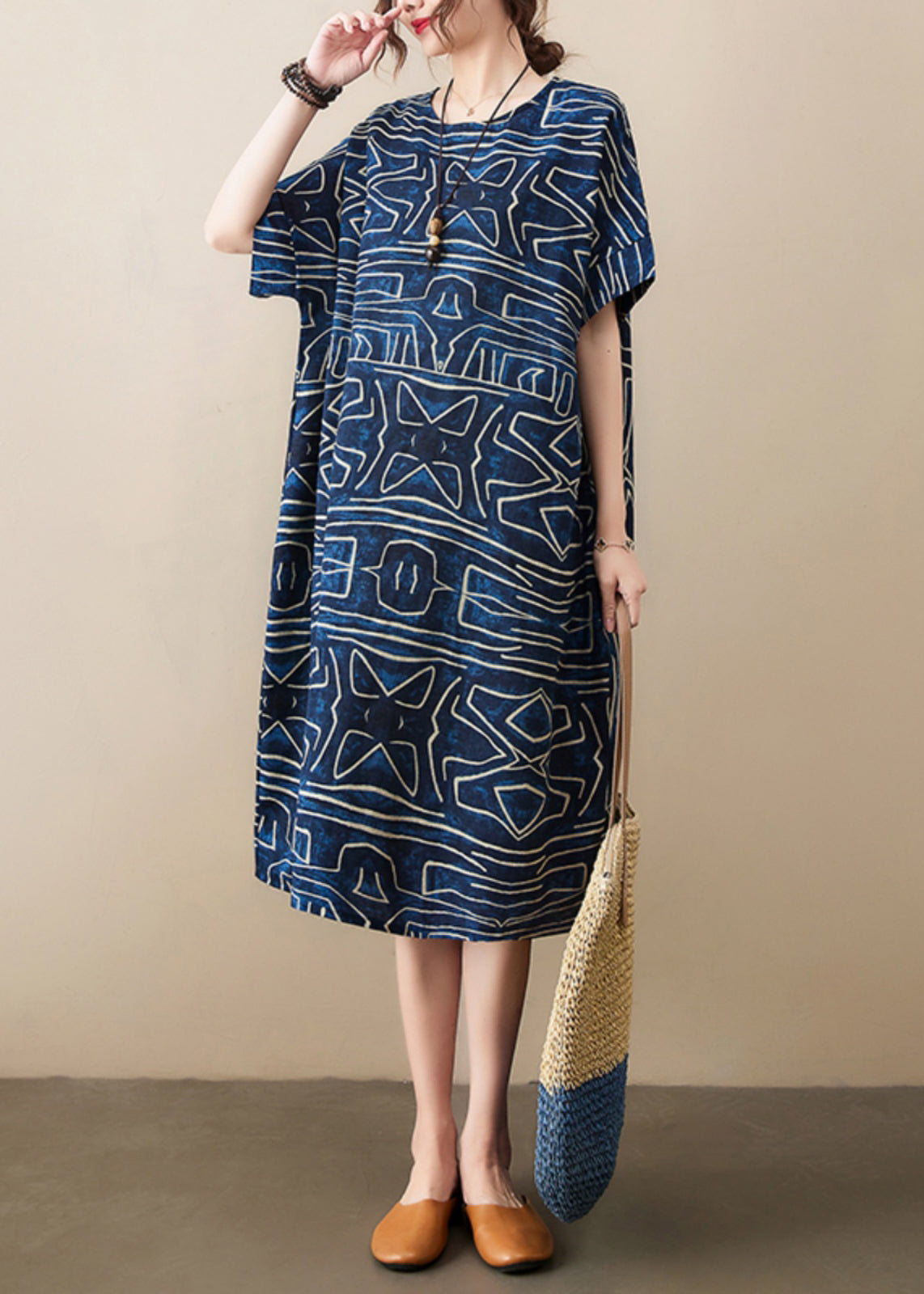 Robe Kleider Leinen Marine Sommer Classy Oversized Print