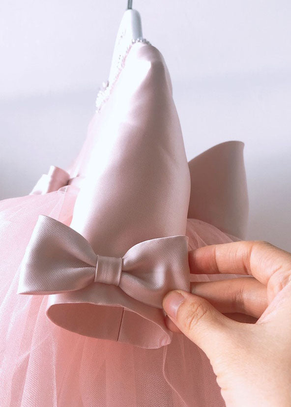 Edle Rosa O-Ausschnitt Patchwork Kinder Langes Kleid Frühling YS011