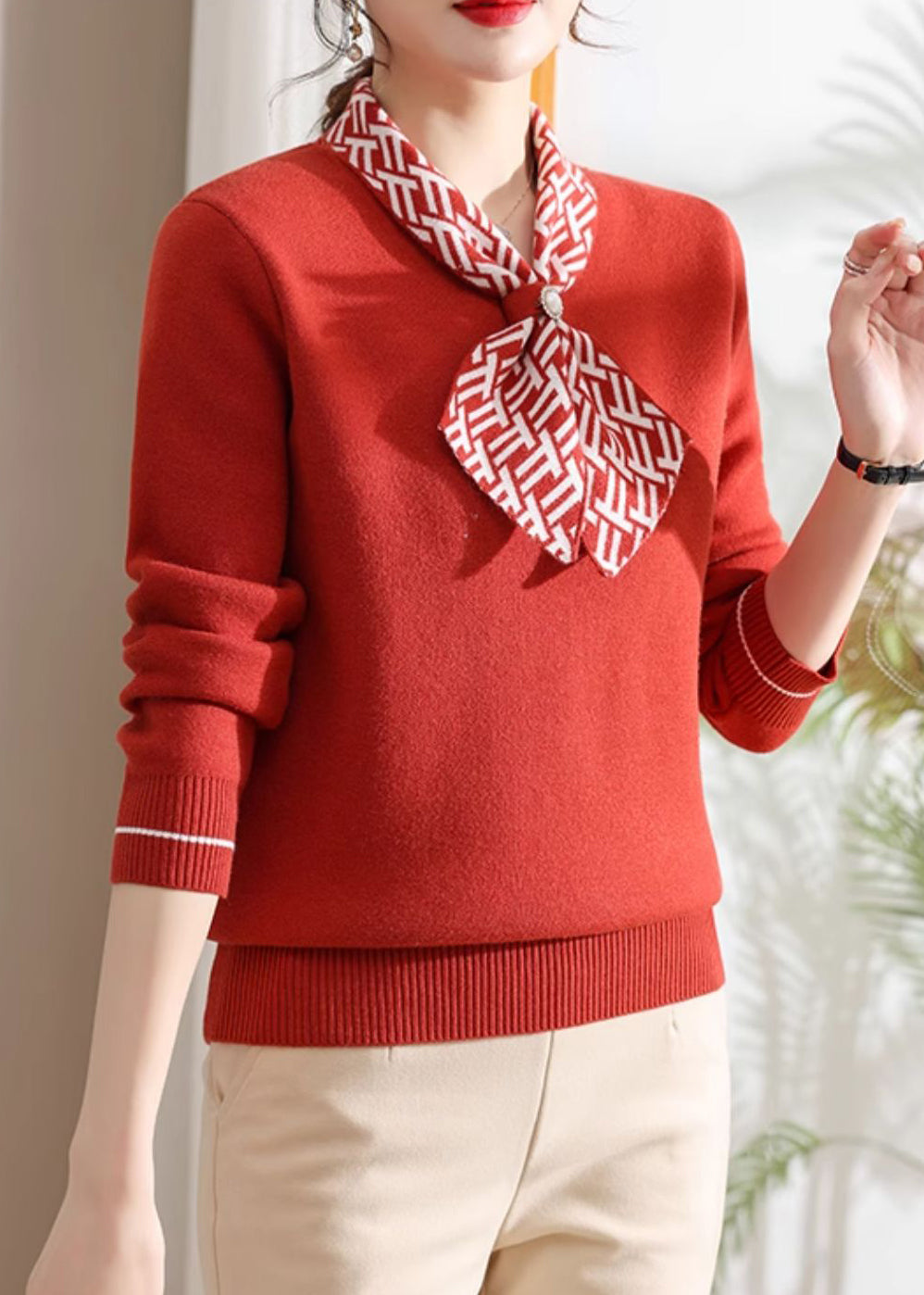 Pull en polaire épaisse et chaude avec nœud rouge élégant, printemps TQ008