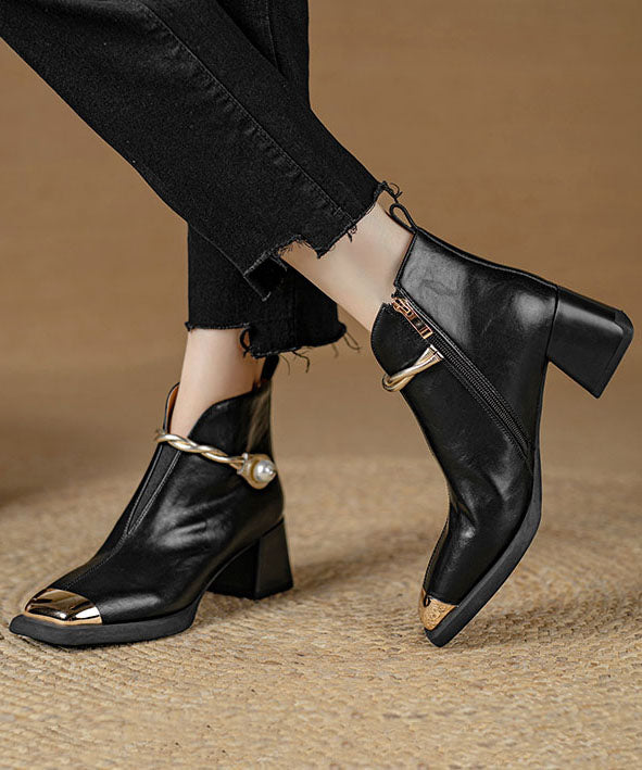 Classy Splicing Chunky Heel Ankle Boots Black Cowhide Leather YR031