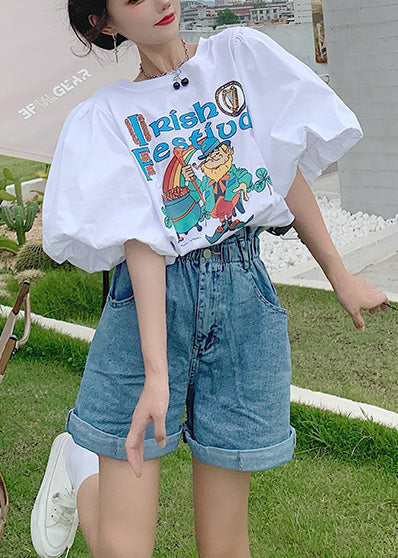 Edle Sommer-Puff-Tanks aus Baumwolle mit Ärmeln, Print, Weiß