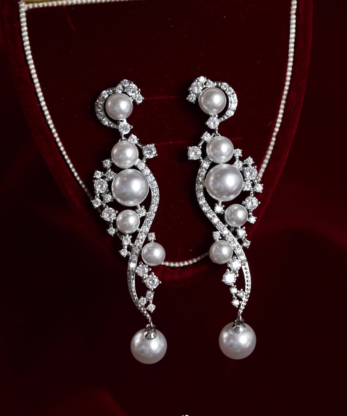 Stergild White Silver Classy Zircon Earrings Drop Pearl