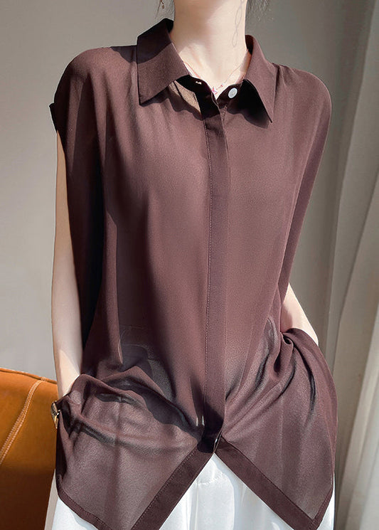 Up Coffee Chiffon Solid Lace Collar Peter Pan Blouses