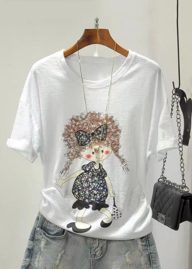 Colorblock Cartoon Print Cotton Top O Neck Short Sleeve GH1004