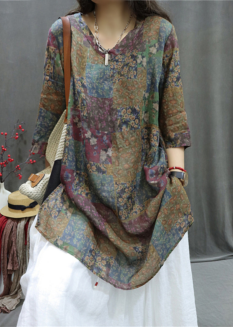 Leinenbluse mit Farbblock-Print und seitlicher Öffnung, V-Ausschnitt, Sommer, GG037