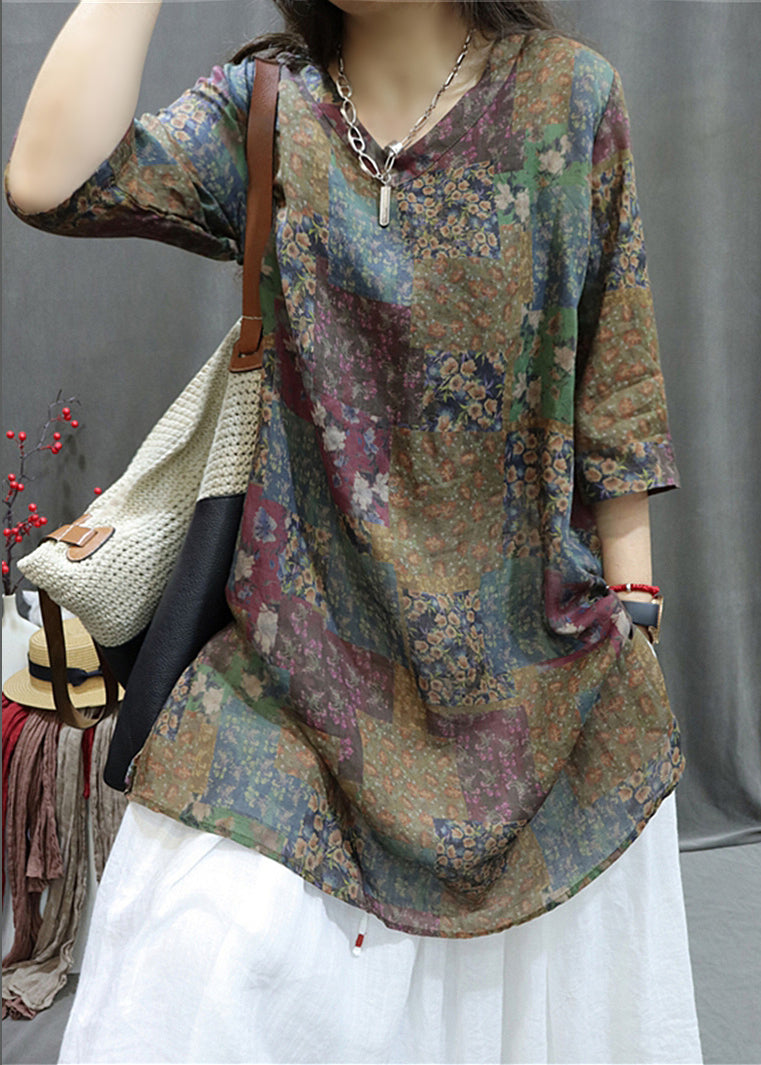Leinenbluse mit Farbblock-Print und seitlicher Öffnung, V-Ausschnitt, Sommer, GG037