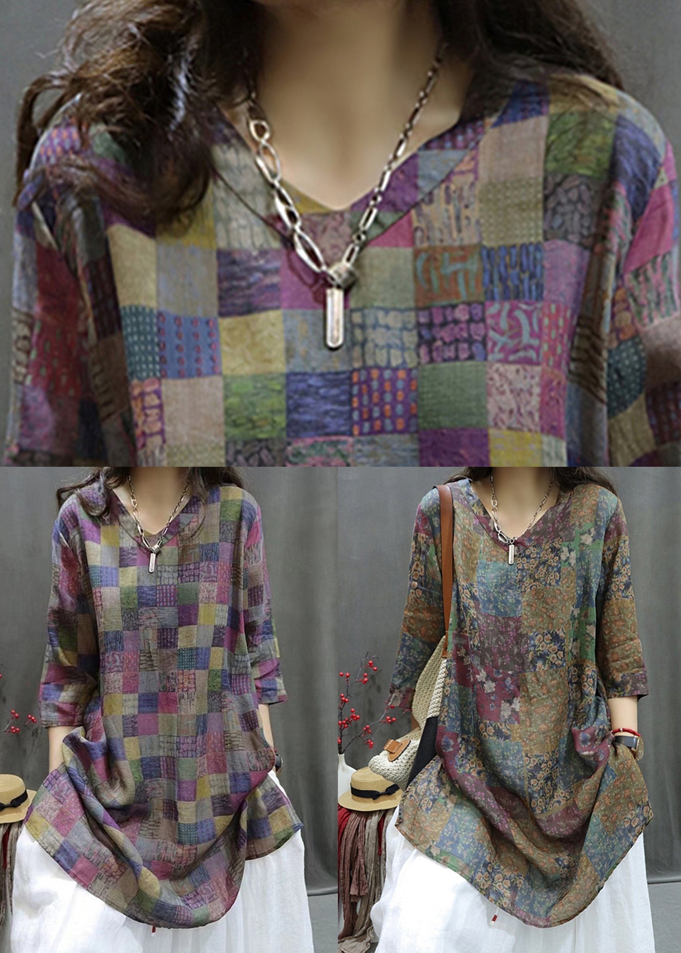Leinenbluse mit Farbblock-Print und seitlicher Öffnung, V-Ausschnitt, Sommer, GG037