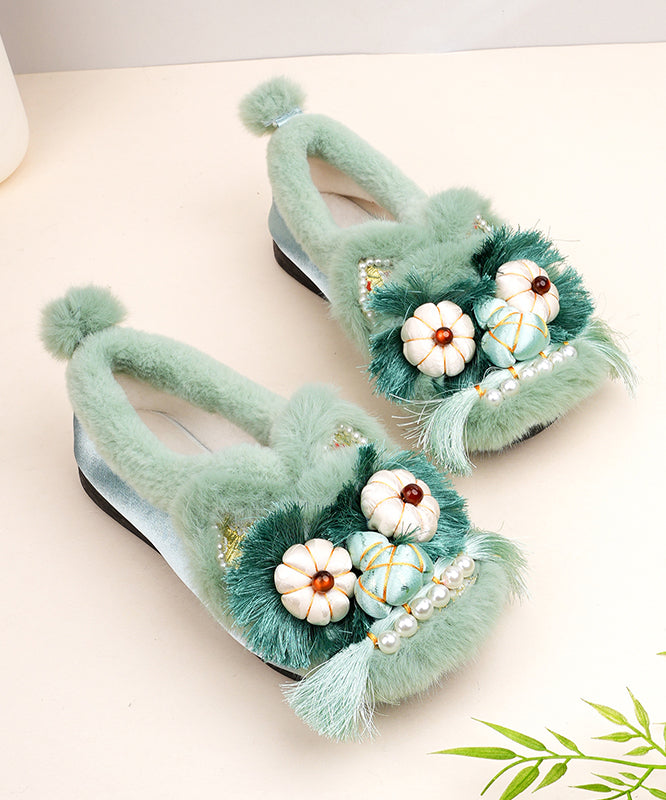 Bequeme flache Schuhe mit grünem Baumwollstoff und flauschiger Wollfütterung TQ040