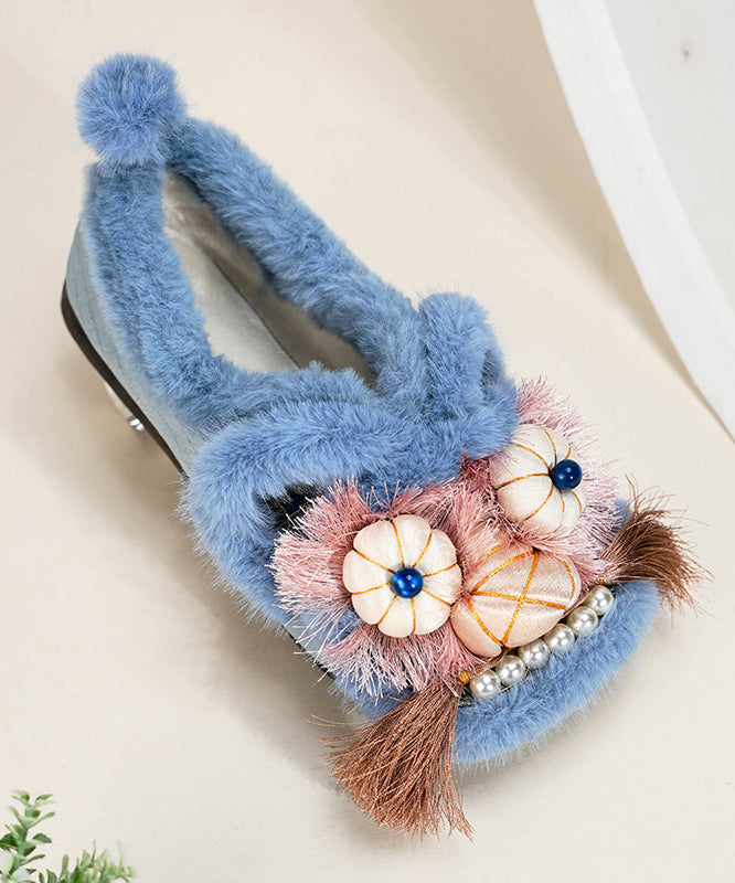 Bequeme flache Schuhe mit grünem Baumwollstoff und flauschiger Wollfütterung TQ040