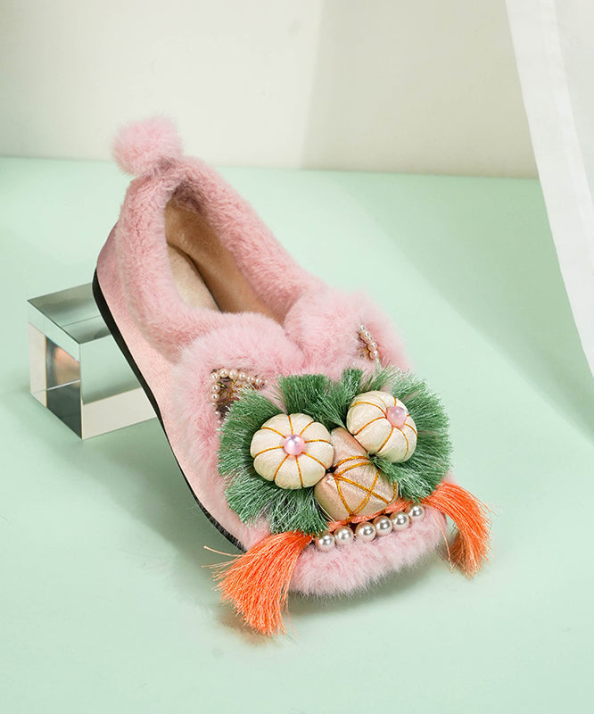 Bequeme flache Schuhe mit grünem Baumwollstoff und flauschiger Wollfütterung TQ040