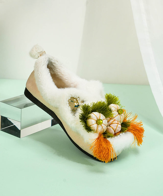 Bequeme flache Schuhe mit grünem Baumwollstoff und flauschiger Wollfütterung TQ040