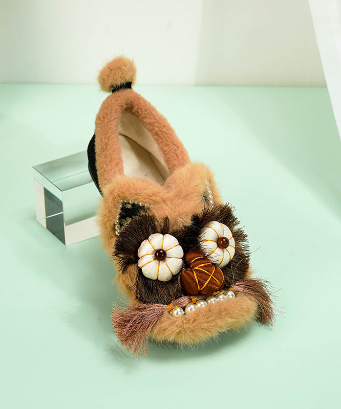 Bequeme flache Schuhe mit grünem Baumwollstoff und flauschiger Wollfütterung TQ040