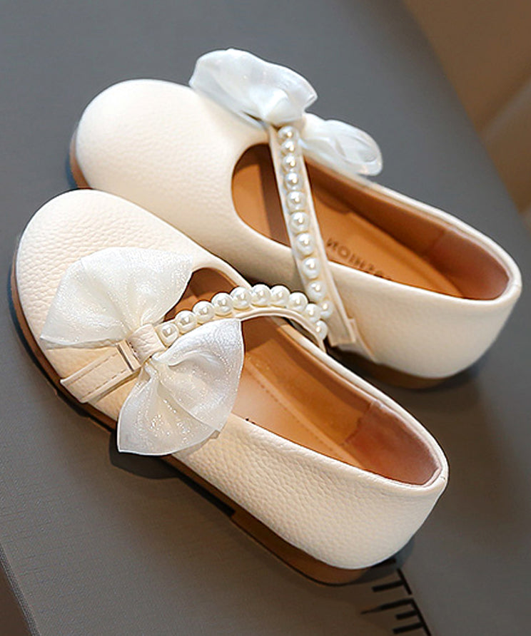 Chaussures plates confortables en cuir beige pour enfants, avec boucle, clous, perles, nœud, fausses perles
