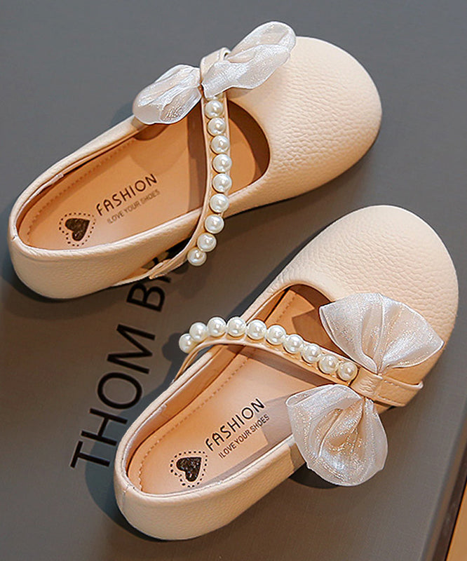 Chaussures plates confortables en cuir beige pour enfants, avec boucle, clous, perles, nœud, fausses perles