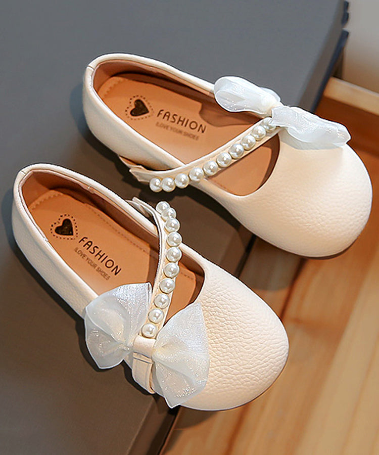 Chaussures plates confortables en cuir beige pour enfants, avec boucle, clous, perles, nœud, fausses perles