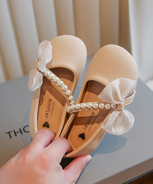 Chaussures plates confortables en cuir beige pour enfants, avec boucle, clous, perles, nœud, fausses perles
