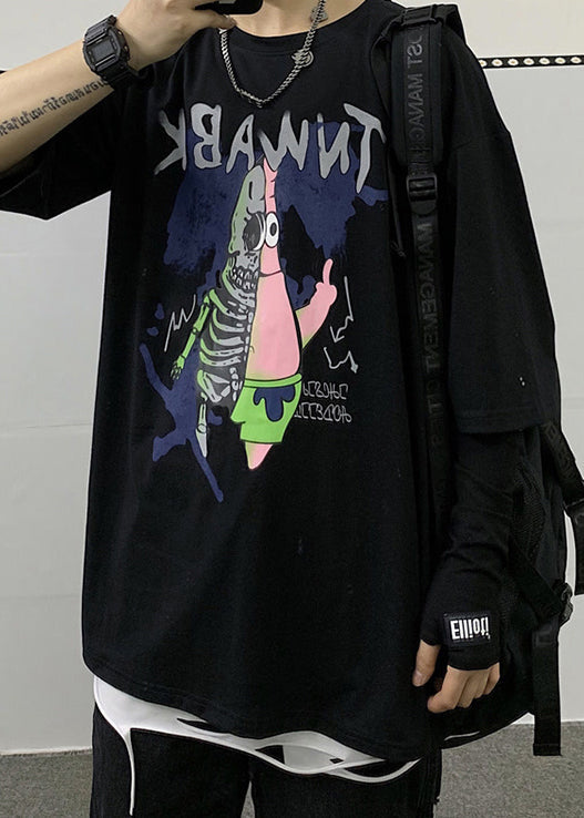 Baumwolle Ärmel Cartoon Print Shirts T Männer Cool Schwarz Halbe Neck O