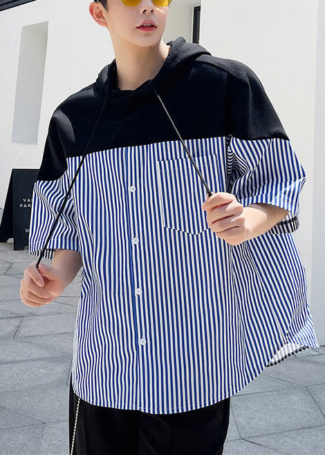 Sweatshirt Patchwork Summer Hooded Men Blue Striped Cotton Cool