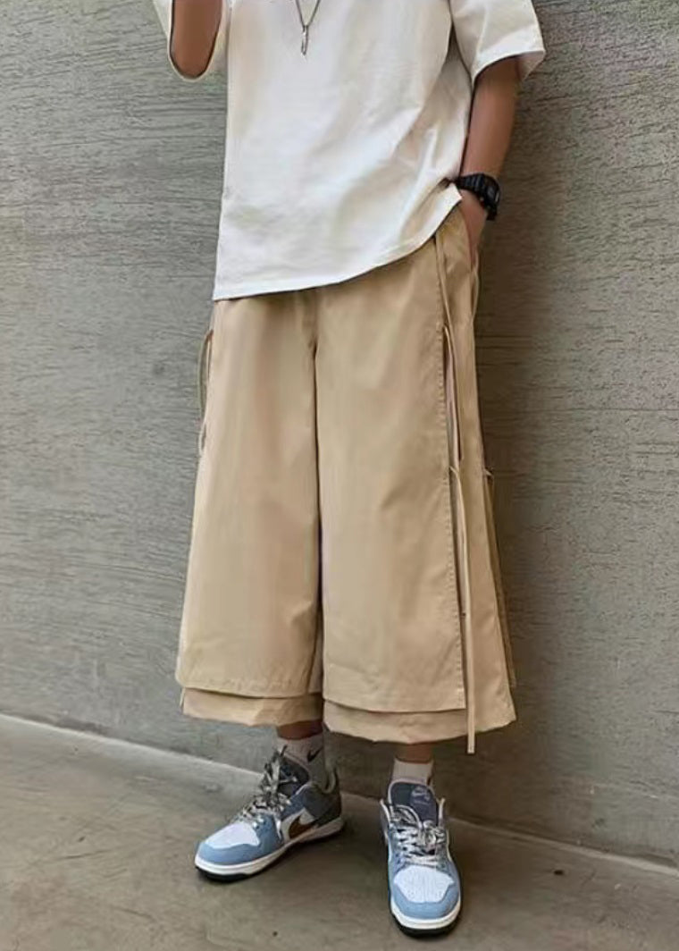 Pantalon court kaki cool avec poches et pompons en patchwork pour homme YT004