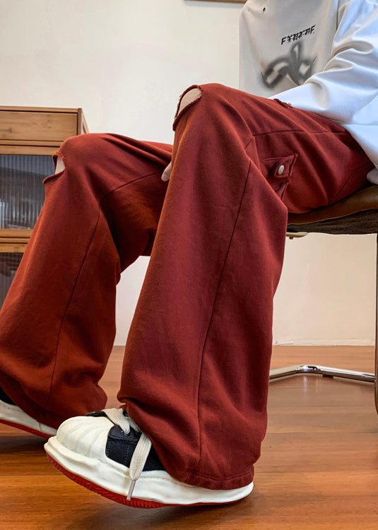 Pantalon long rouge déchiré pour homme, surdimensionné et creux, idéal pour le printemps