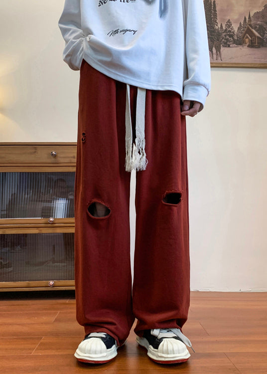 Pantalon long rouge déchiré pour homme, surdimensionné et creux, idéal pour le printemps