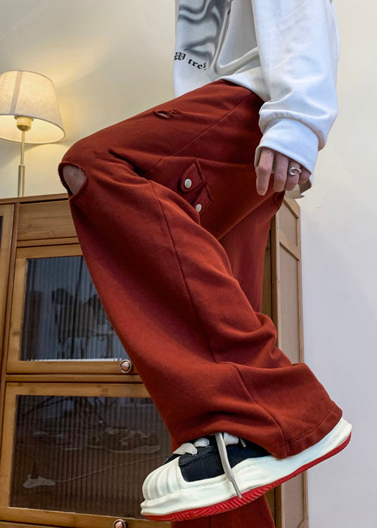 Pantalon long rouge déchiré pour homme, surdimensionné et creux, idéal pour le printemps