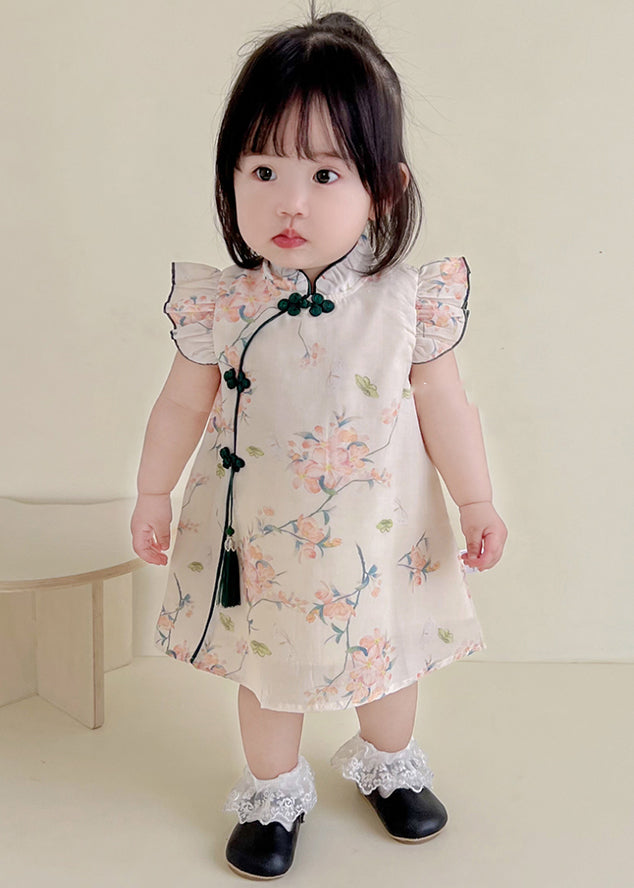 Cute Apricot Print Tassel Girls Mid Dresses Summer MN022