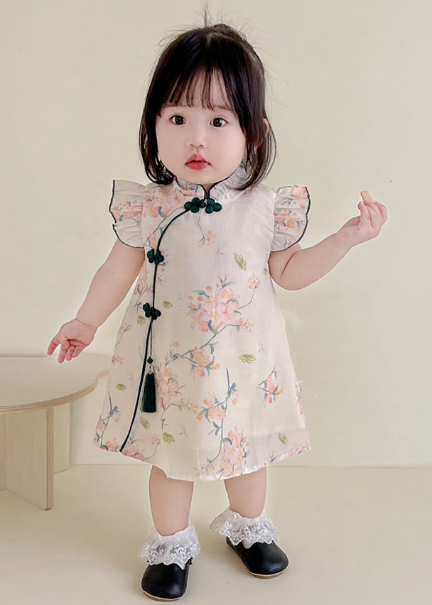 Cute Apricot Print Tassel Girls Mid Dresses Summer MN022