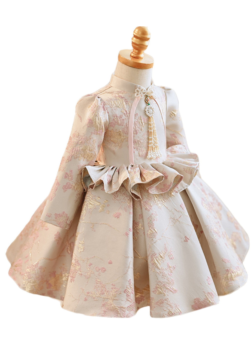 Robe longue brodée à volants et col montant abricot pour fille, printemps YG005