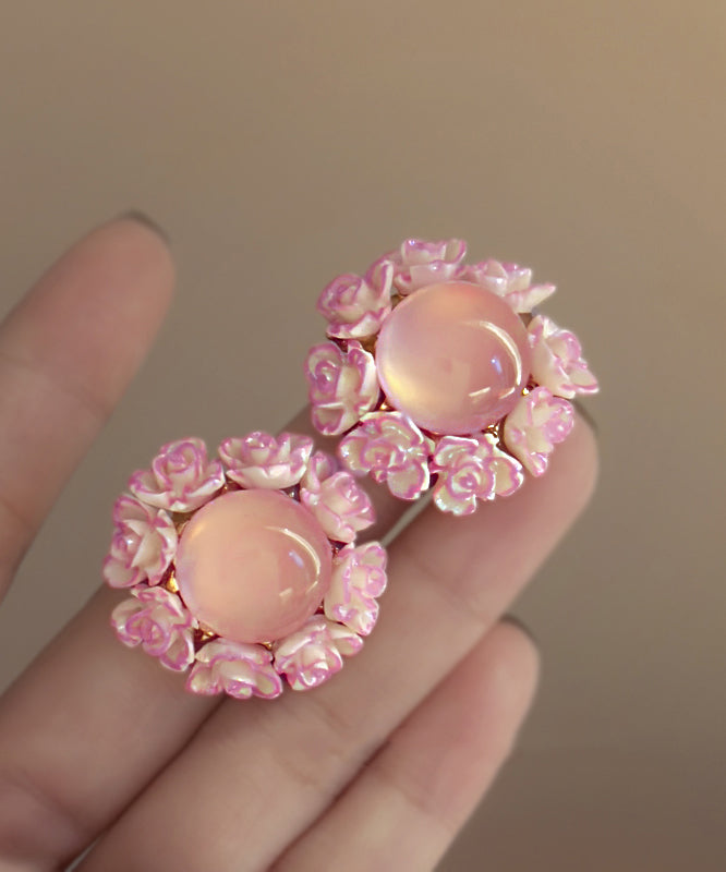 Cute Pink Alloy Inlaid Cat Eye Stone Floral Stud Earrings YZ001