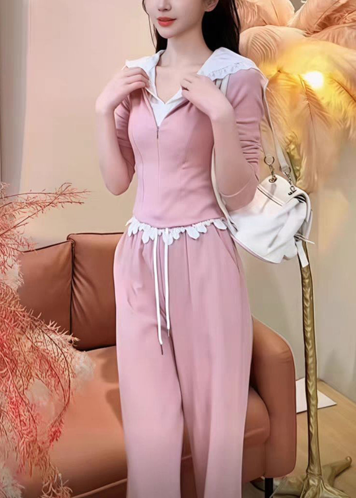 Pantalon large à jambes larges deux pièces à capuche faux sweat-shirt mignon rose