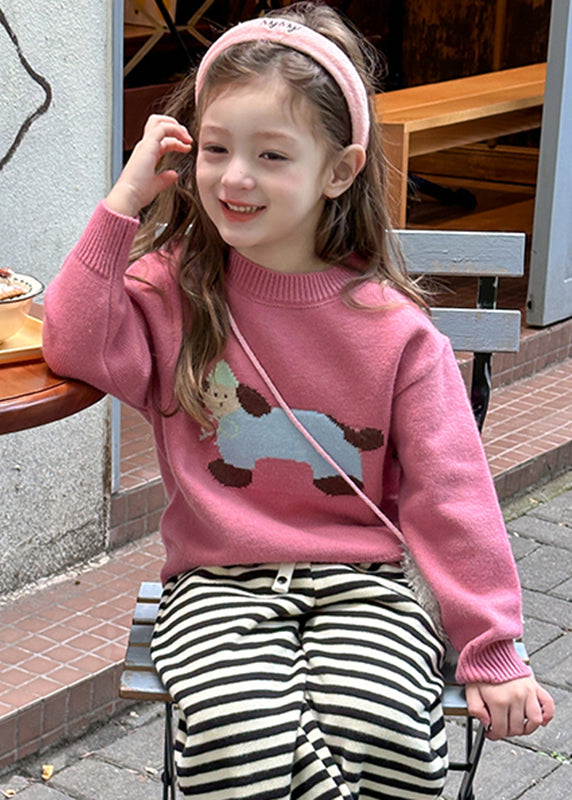Pull en tricot de coton rose à imprimé petit chien pour fille, printemps TP035