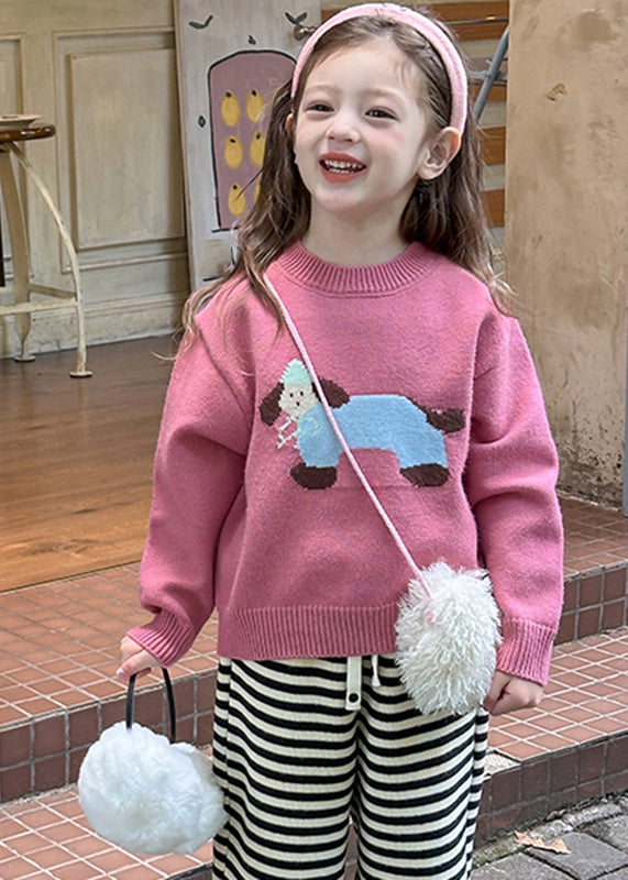 Pull en tricot de coton rose à imprimé petit chien pour fille, printemps TP035