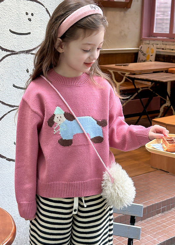Pull en tricot de coton rose à imprimé petit chien pour fille, printemps TP035