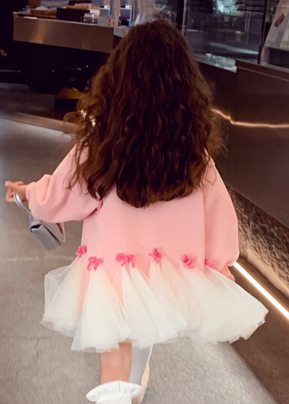 Jolies robes longues roses à col rond et nœud en tulle patchwork pour filles, printemps TV030