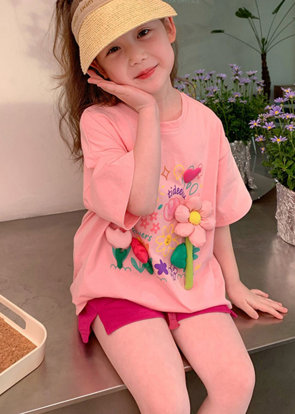 Cute Pink O Neck Print Cotton Girls Two Pieces Set Summer YU1054