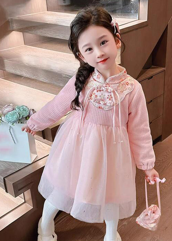 Cute Pink Patchwork Embroideried Tulle Kids Vacation Maxi Dresses Spring YE019