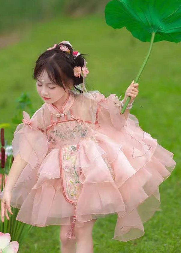 Kinder Sommer Lange Kleider Maxi Patchwork Tüll Rosa Nette Quaste