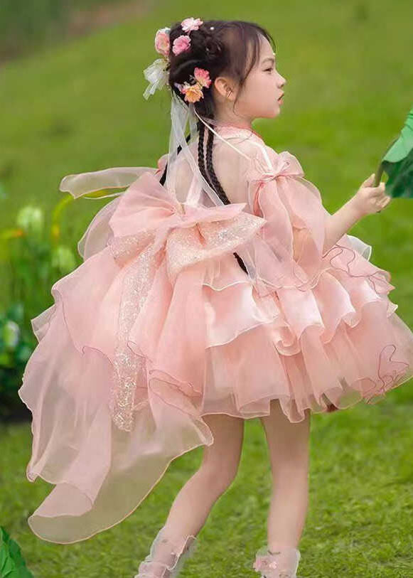 Kinder Sommer Lange Kleider Maxi Patchwork Tüll Rosa Nette Quaste