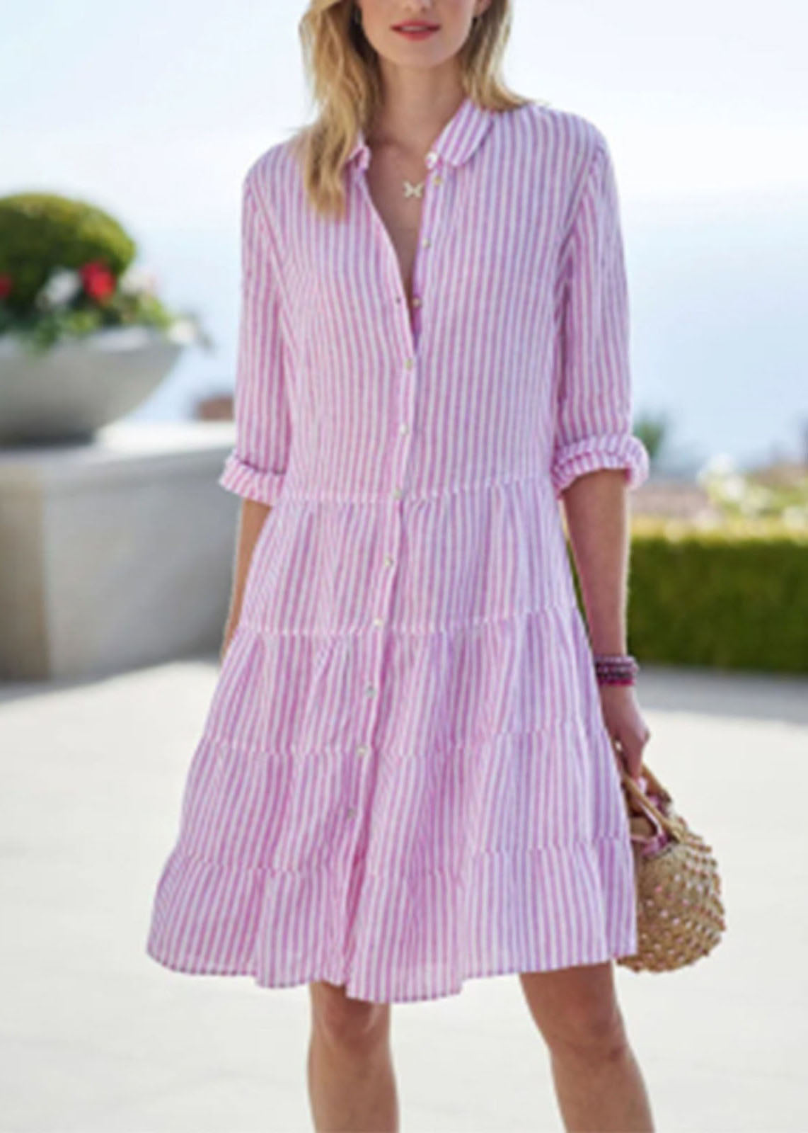 Collar Mid Sleeve Pan Dress Half Cute Peter Pink Button