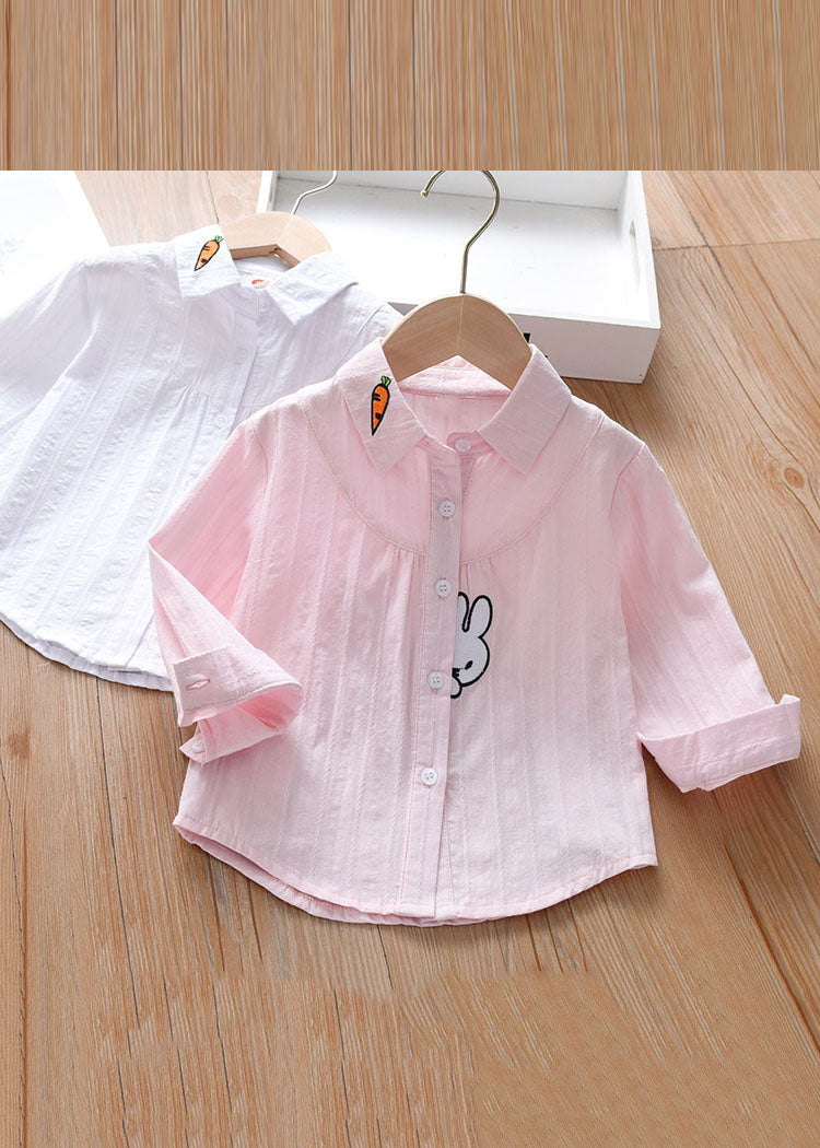 Cute Pink Peter Pan Collar Patchwork Button Kids Shirt Long Sleeve SS1006