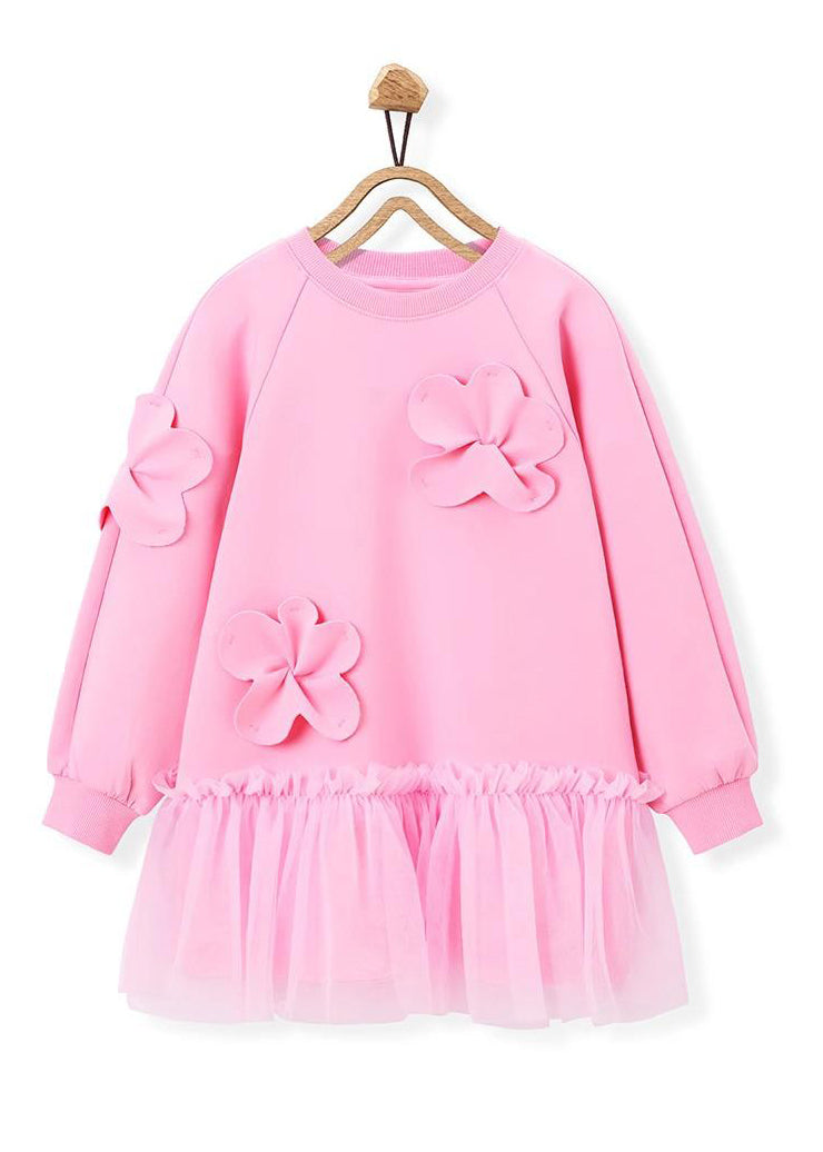 Robe longue rose à volants en tulle et patchwork de fleurs pour filles, idéale pour les vacances, printemps YE017