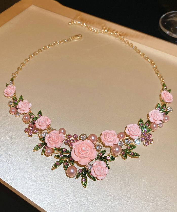 Collier avec pendentif floral en alliage d'argent sterling rose et zircons, RA008