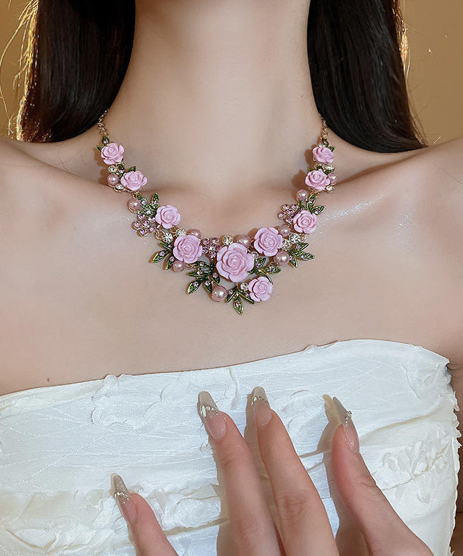 Collier avec pendentif floral en alliage d'argent sterling rose et zircons, RA008
